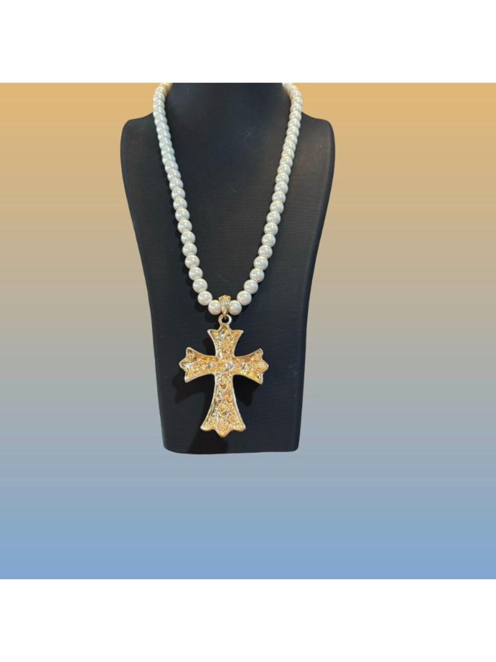 Faux Pearl Gold Tone Rhinestone Cross Necklace Gothic Statement Vintage Style - Picture 5 of 8